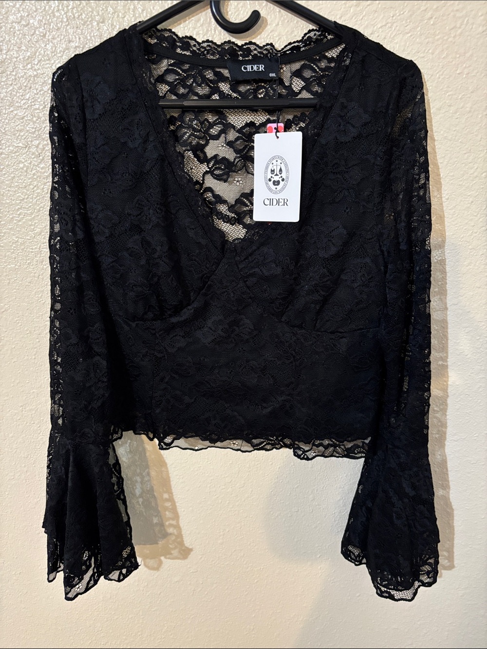 Cider Black Lace V-Neck Bell-Sleeve Crop Blouse